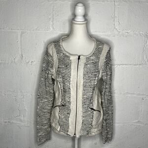 DREW Women's Knit Frayed Hem Collarless Zipper Blazer Medium Ivory Black Gray